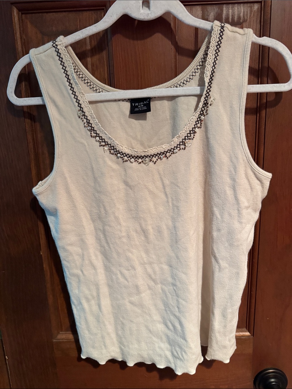 Tribal Cream Tank Top with Black Embroidered Neckline